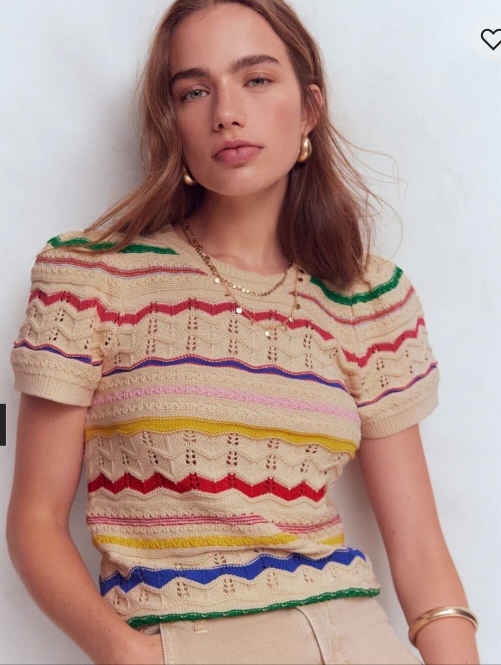 NWT Boden Monica Knit Pointelle Tee in Cream with Rainbow Stripes